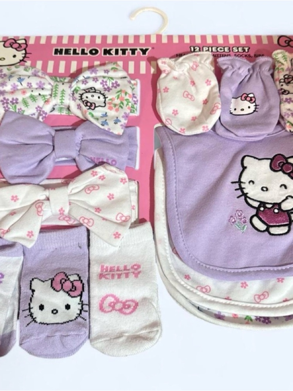 Hello Kitty Lavender & White Baby Sock, Bib and Bow Accessory Set